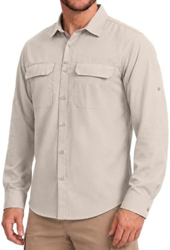 Men's Sun Protection Fishing Shirt UPF 50+ Long Sleeve Safari Hiking Travel Shirts with Pockets Quick Dry(Khaki Medium)