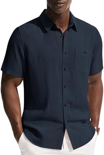 PJ PAUL JONES Mens Linen Shirts Short Sleeve Button Down Shirt Wrinkle Free Dress Shirt Casual Summer Shirt with Pocket Navy Blue XL