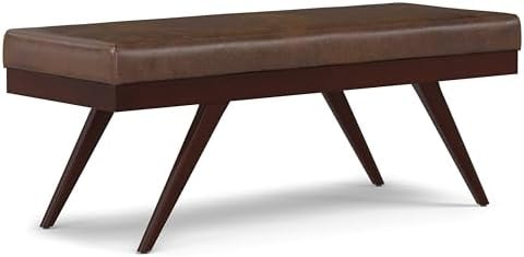 SIMPLIHOME Chanelle Ottoman Bench - 48 inch Wide Upholstered Vegan Leather Rectangle Ottoman in Distressed Chestnut Brown, Mid Century Modern Bench for Bedroom with Flared Tapered Legs, Assembled