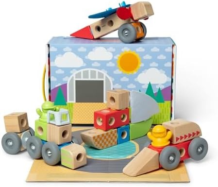 Melissa & Doug Blockables™ Vehicles Snap and Play, Mix and Match Connectable Wooden Building Blocks Play Set Toy for Preschool Boys and Girls (54 Pcs)