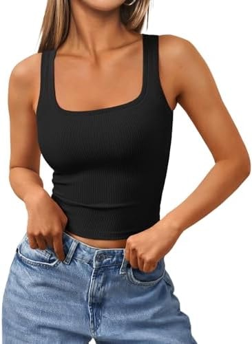 Trendy Queen Women's Summer Square Neck Tank Tops Workout Cropped Ribbed Camisole Sleeveless Clothes 2026 Black L