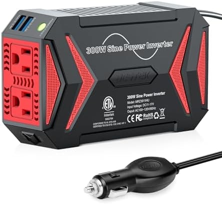 BESTEK Pure Sine Wave Power Inverter - 300W Car Plug in Charger Outlet DC 12V to 110V AC - Cigarette Lighter Adapter 4.8A Dual USB Fast Charging Ports for Phone, Laptop, CPAP - Black