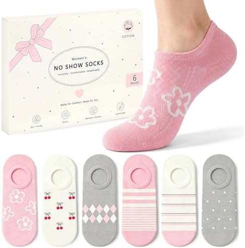 Toes Home Cotton No Show Socks Womens, Cute Low Cut Invisible Socks for Women, Short Casual footies for Sneakers, Thin Ankle Sock Women Gifts 6 Pairs Floral Cherry Strip Size 6-9 Pink White Grey