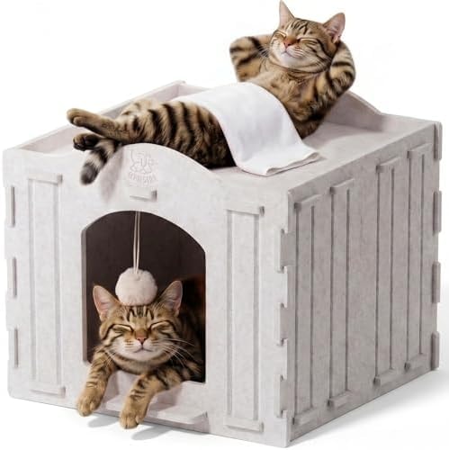 Apasiri Cat Bed Cave for Indoor Cats: New Felt Cat Bed with Fluffy Ball, Foldable Cat House with Scratch-Resistant Board, Hideaway Cat Cave for Timid Cats, Sturdy Two-Tier Cat Condo & Cat Houses