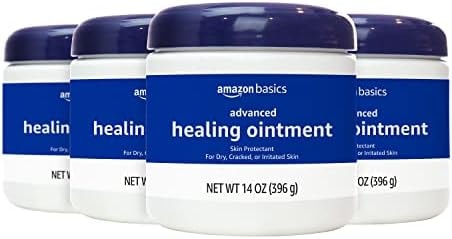 Amazon Basics Healing Ointment & Skin Protectant for Dry & Cracked Skin, Chapped Lips, Minor Cuts and Scrapes, Lip Repair Moisturizer, Fragrance Free, 14 oz, 4-Pack