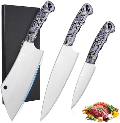 Topfeel 3PCS Professional Chef Knife Set, Ultra Sharp Japanese Kitchen Knife, German High Carbon Stainless Steel 8" Meat Cleaver 8" Chef's Knives 5" Utility Knife with Gift Box