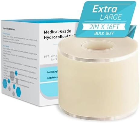 Medical Grade Hydrocolloid Bandages Roll, Hydrocolloid Pimple Patch Roll for Acne, Wound Care, Burns, Blisters, Bed Sore, First Aid Kit Essential, 0.3mm Thickness bandaids, 2in*16ft, Semi-Transparent