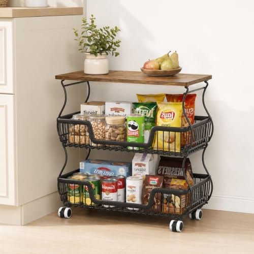 Fruit and Vegetable Storage, 3 Tier Fruit Basket with Wooden Top Table Kitchen Pantry Storage Bins and Organizers, Stackable Metal Rolling Cart for Vegetable Snacks Drinks Onion Potato Organization