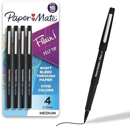 Paper Mate Flair Felt Tip Pens, Medium Point (0.7mm), Black, 4 Count