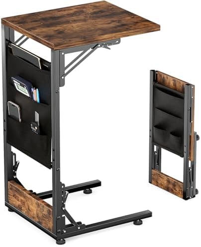 Feverdes Folding TV Tray Table, Small Folding Side Table with Storage Bag, Portable C Shaped End Stand for Couch Sofa Bed, Rustic Brown