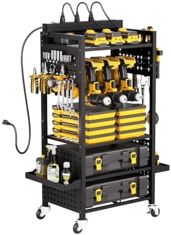 VEVOR 5-Tier Tool Organizer Cart with Charging Station, 8 AC Outlet, Floor Stand Rolling Drill Holder and Tool Battery Storage Rack on Wheels, Garage Floor Rolling Storage Cart for Workshop, Garage