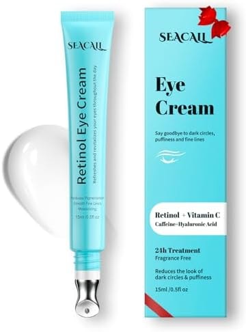 Seacall Retinol Eye Cream, Anti Aging Under Eye Cream with Caffeine, Vitamin C & Hyaluronic Acid, Cool Massage Head Eye Serum Fades Dark Circles Puffiness Wrinkles, 15ml Portable Eye Cream for Women