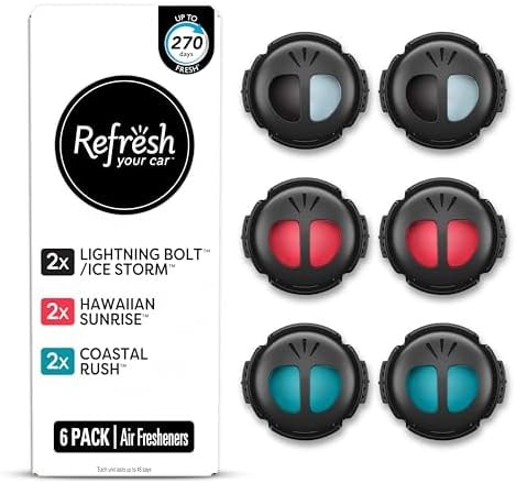 Refresh Your Car Mini Diffuser Car Air Fresheners Variety Pack, Lightning Bolt/Ice Storm, Hawaiian Sunrise, and Coastal Rush Scents, 6 Pack