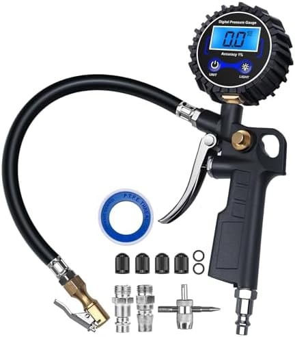 DigitPro Digital Tire Pressure Gauge with Inflator, 3-250 PSI Air Compressor Accessories with Air Chuck Quick Connect Coupler, Car Attachments with Rubber Hose for Car, Truck, SUV, Cycle, RV