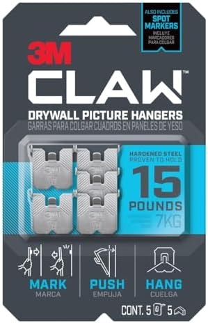 3M Claw 15 lb. Drywall Picture Hanger with Spot Markers, Heavyweight Hanging Solution for Room Decor and Office Decor, Including Mirrors or Large Art – 5 Pack