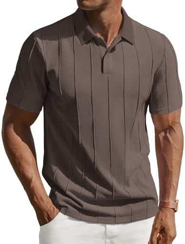 PJ PAUL JONES Mens Knit Polo Shirts Short Sleeve Stretchy Textured Polos Casual Vacation Dress Golf Shirt Light Coffee L