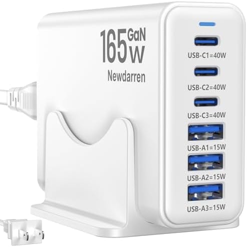 165W GaN USB C Charging Station, 6 Port Desktop Charger with 40W USB-C Fast Charging, Multiport Charging Hub for MacBook, iPhone 17/16/15, iPad, Samsung Galaxy, Tablets, Home Office White