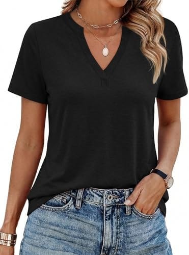 YESTTO Womens V Neck Summer Tops Short Sleeve T Shirts Loose Fit Casual Tee Trendy Basic Tops Lightweight Breathable Fashion Clothes 2026 Black