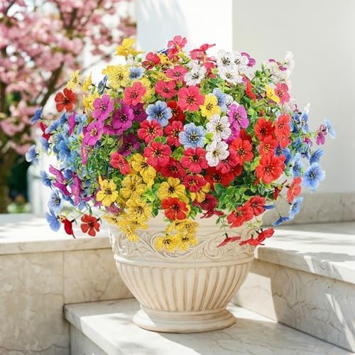ATTGREAT Artificial Flowers Outdoors Faux Plants UV Resistant Fake Flowers Daisy Plastic Greenery Plnats Outside for Garden Planter Patio Porch Spring Summer Home Home Decor, 12 Bundles (Multicolor)
