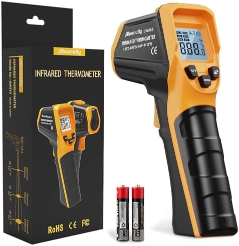 Ahosoutly Infrared Thermometer Laser Temperature Gun -58℉ to 1112℉,with Cal Calibration and Adjustable Emissivity,Min& Max Measure,for Cooking,Oven,Meat Food,HVAC,Appliance（Yellow）