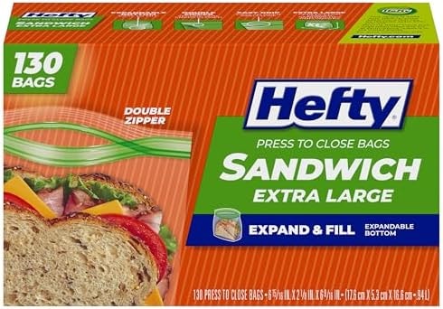 Hefty XL Press to Close Plastic Sandwich Expand and Fill Food Storage Bags, 130 Count