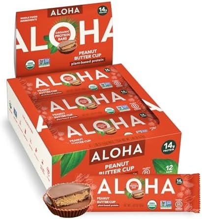 ALOHA Organic Plant Based Protein Bars - Peanut Butter Cup Bar - 12 Bars, Vegan, Low Sugar, Gluten-Free, Low Carb, Non-GMO, No Stevia, No Erythritol