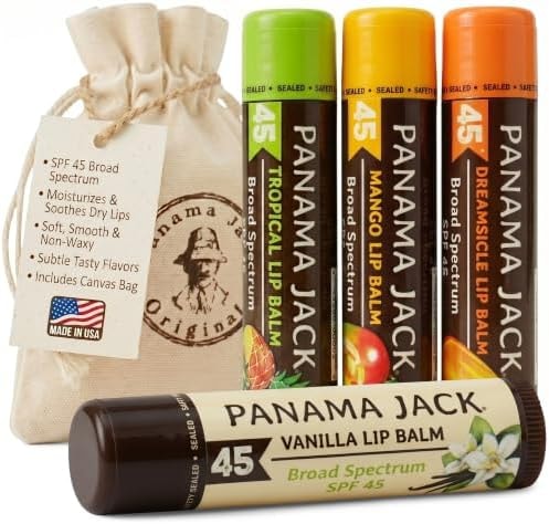 Panama Jack Sunscreen Lip Balm - SPF 45, Flavor Pack, Broad Spectrum UVA-UVB Sunscreen Protection, Prevents & Soothes Dry, Chapped Lips (Dreamsicle/Vanilla/Tropical/Mango)