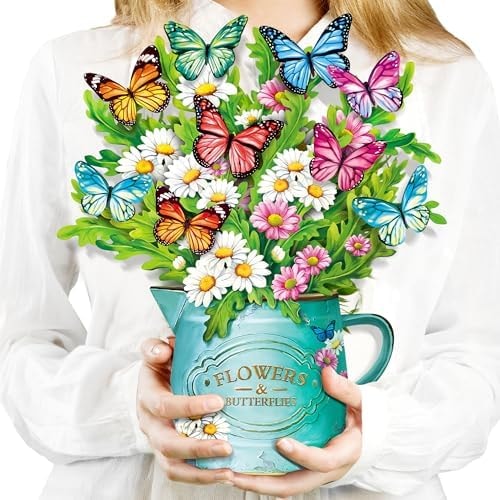 Airpark 3D Pop Up Paper Flowers Bouquet Card 12’‘ with Note & Envelope, Birthday Gifts, Get Well, Thank You, Greeting Cards for Women Mom Wife Friends, Daisies and Butterflies