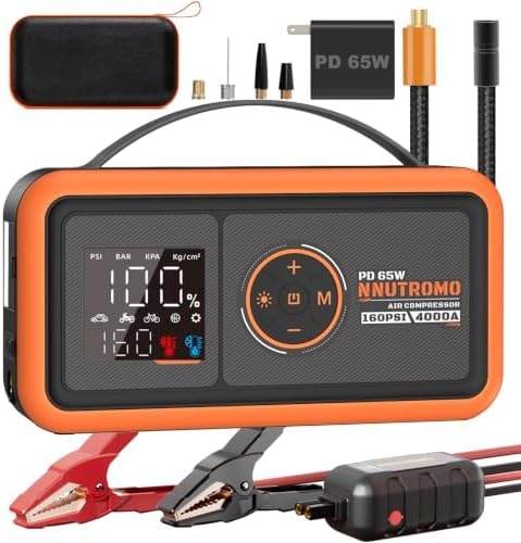 4000A Car Battery Jump Starter with 160PSI Air Compressor & 65W Fast Charger, 24,000mAh 88.8Wh Portable Jump Box (10.0L Gas/10.0L Diesel), 12V Car Battery Booster with Tire Inflator-Vibrant Orange