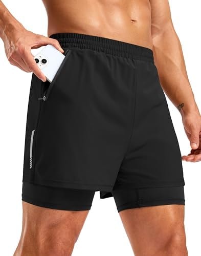 Pudolla Men's 7" Running Shorts with Zipper Pockets Quick Dry 2 in 1 Workout Gym Shorts with Liner for Tennis Yoga Training(Black Small)