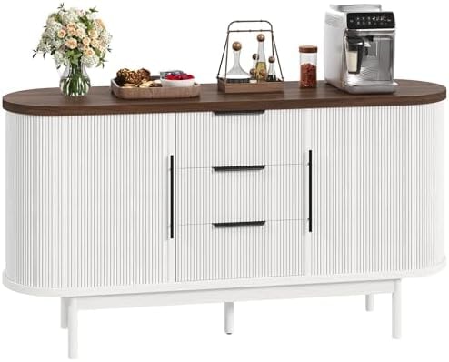 DWVO Fluted Sideboard Buffet Cabinet with Storage, White & Brown