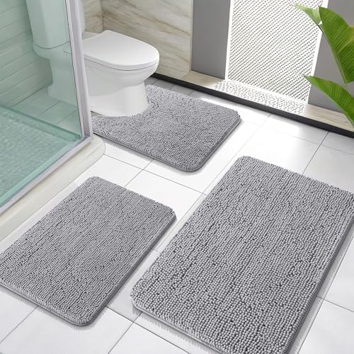 OLANLY Chenille Bathroom Rugs Sets 3 Piece, 30"x20"+24"x16"+24"x20", Grey