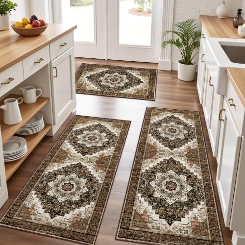 Kitchen Rugs Sets of 3 100% Non Slip Washable Kitchen Mats for Floor, Brown